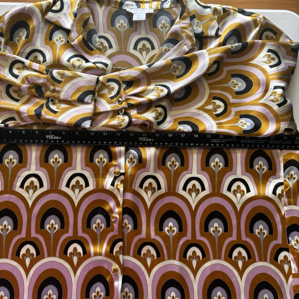 House of Harlow 1960 Blouse Top XL Art Deco Button Up Pink Gold Satin Retro READ - Picture 11 of 16
